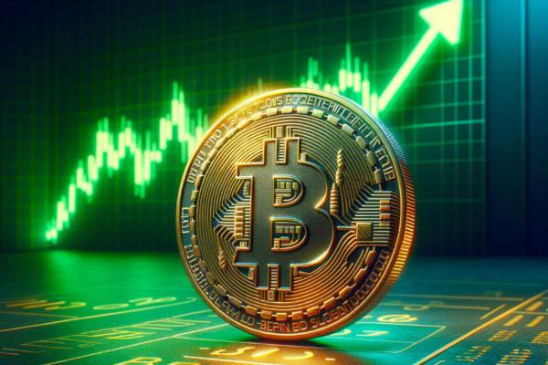 Moneda Bitcoin con un gráfico de fondo en verde y una tendencia ascendente