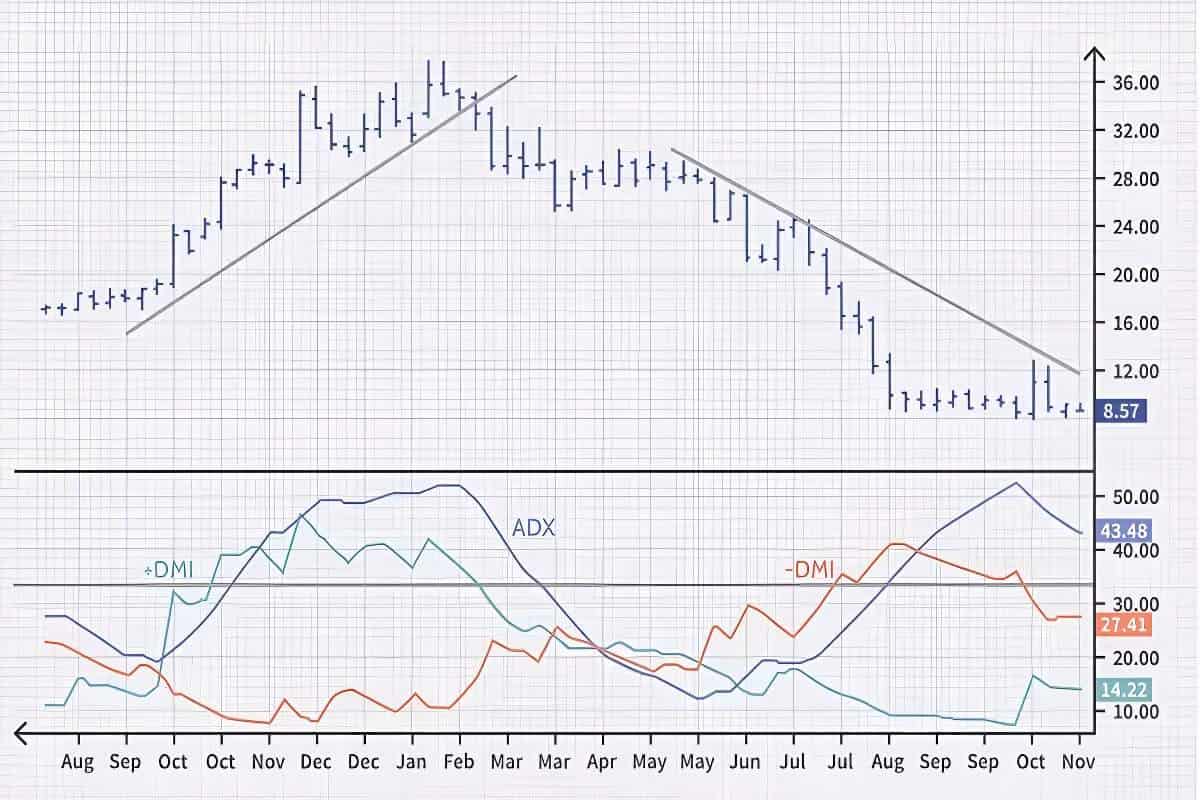Gráfico que muestra el precio y la tendencia según el indicador ADX.