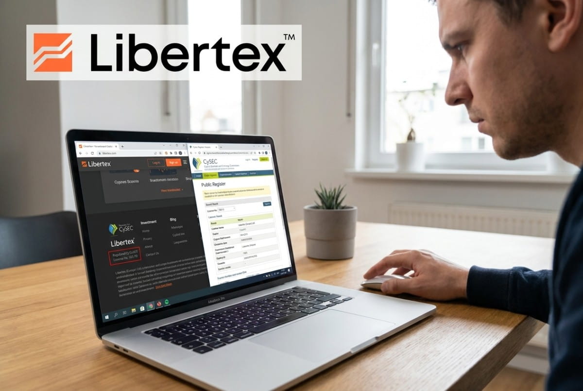 Persona verificando la licencia y la regulación de una app de inversión en un ordenador portátil 