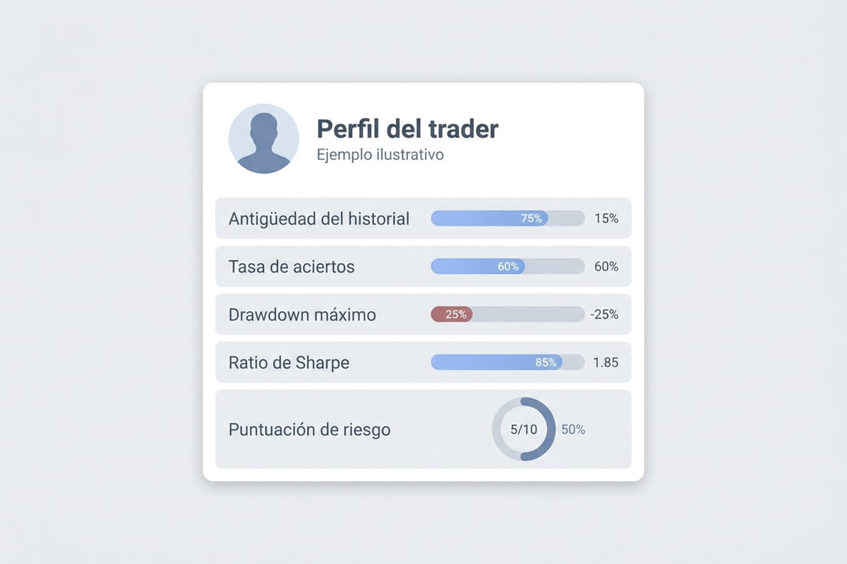 Mockup ilustrativo de un perfil de trader mostrando dónde ubicar las métricas de rentabilidad