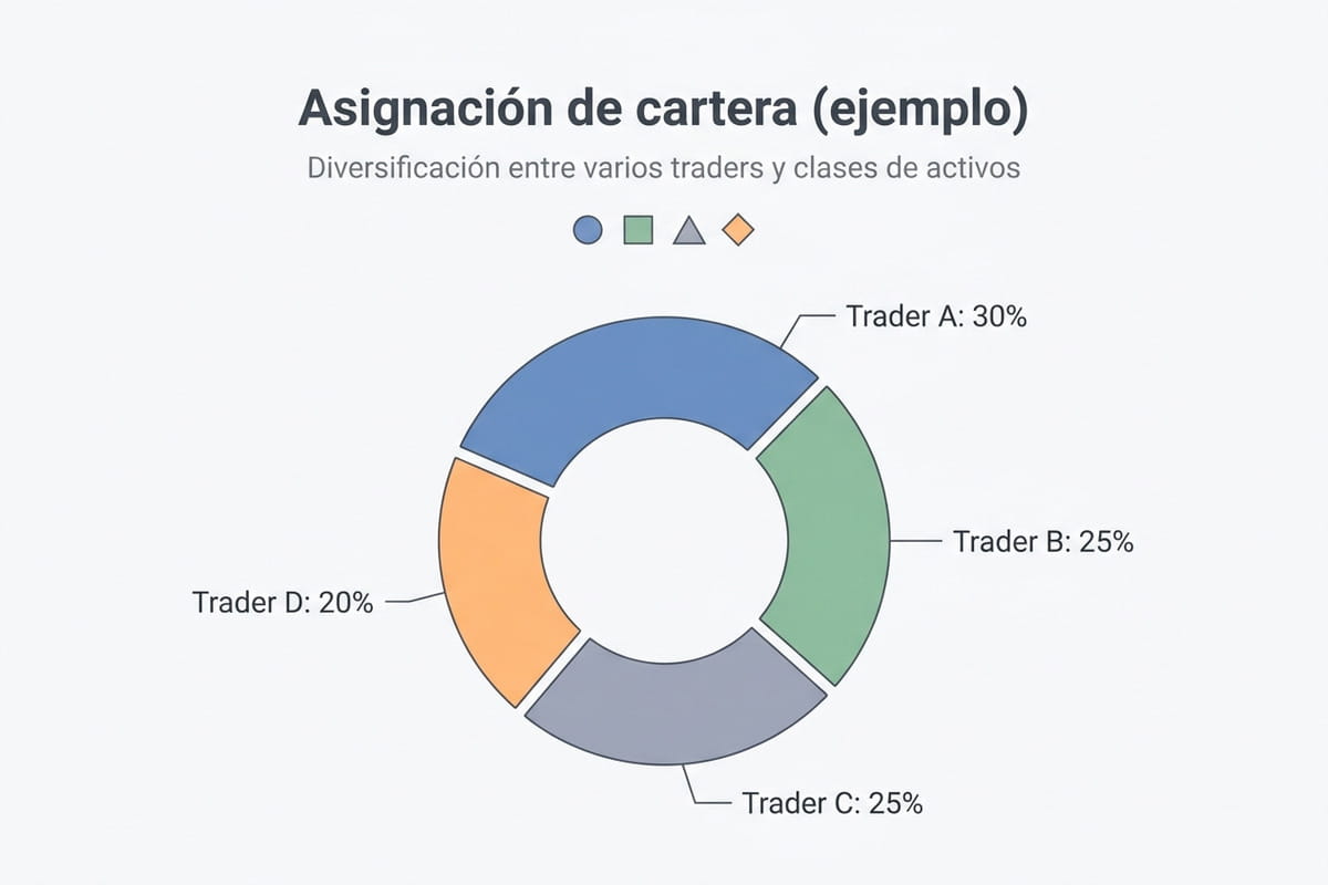 Infografía de ejemplo de asignación de cartera entre varios traders copiados