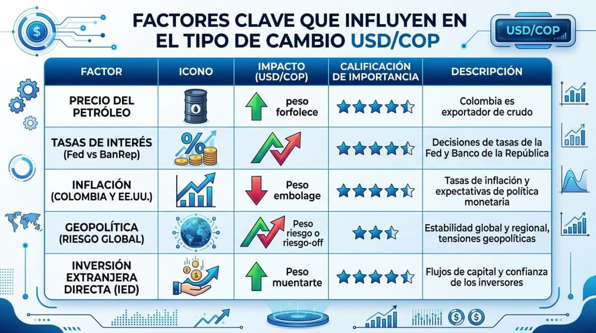 Tabla de factores que influyen en la tasa de cambio USD/COP
