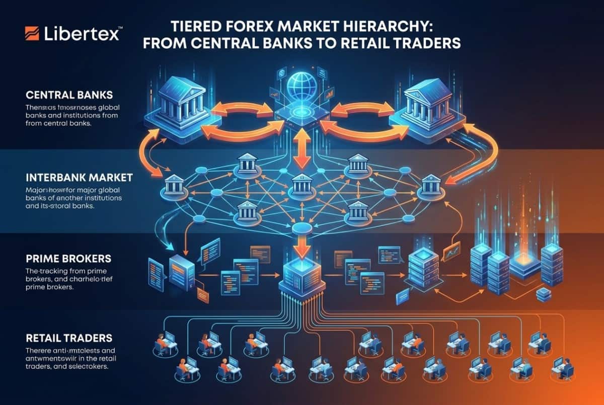 Tiered forex market hierarchy from central banks to retail traders. 