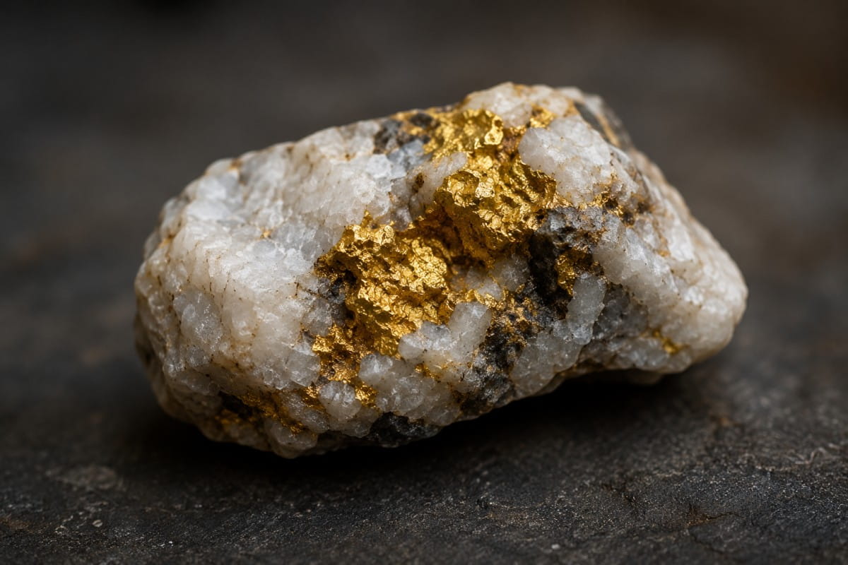 Raw gold nugget embedded in white quartz rock on a dark stone surface