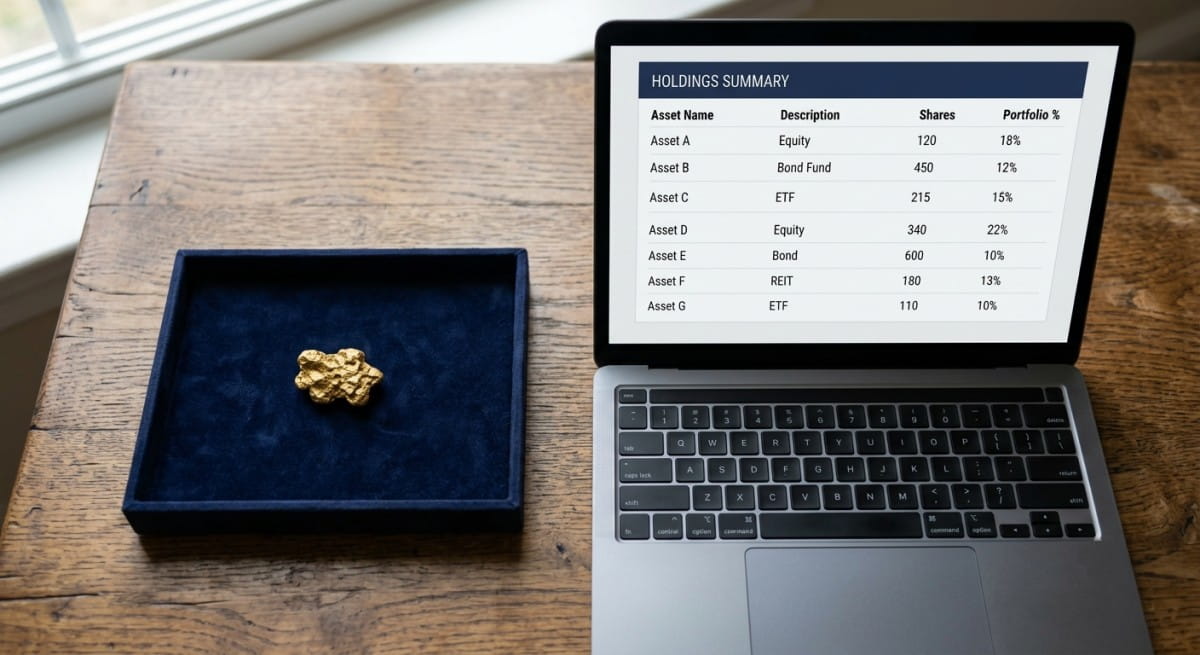 Gold nugget on a display tray beside a laptop showing a brokerage account screen