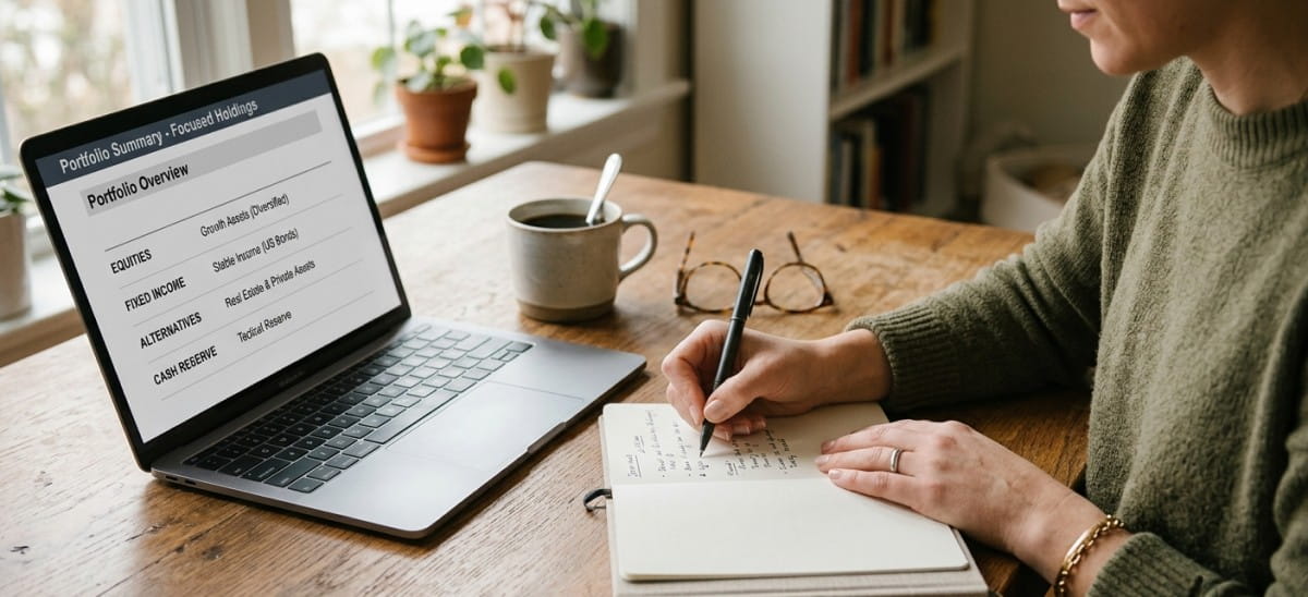 Hands writing in a notebook beside a laptop, planning an investment decision