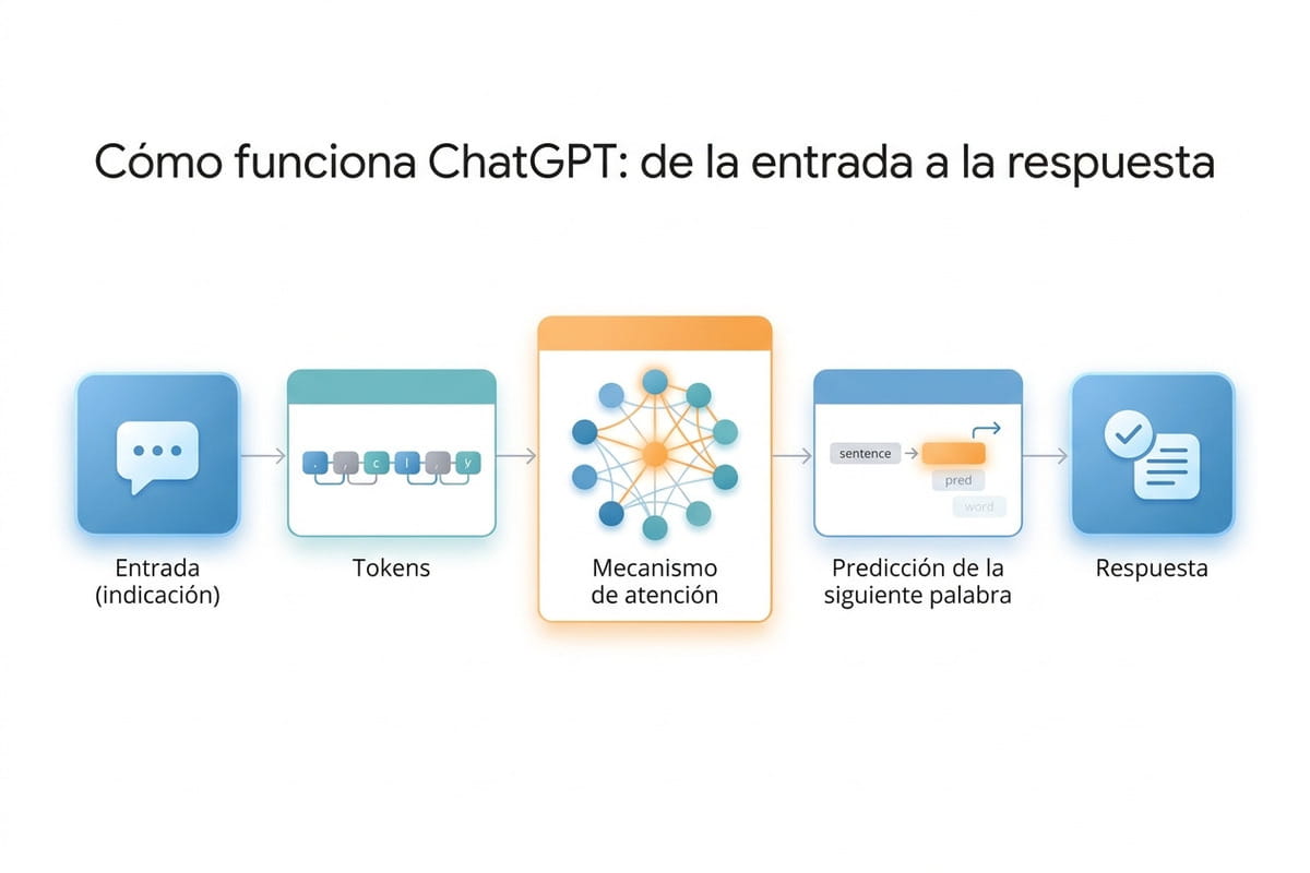 infografía horizontal del flujo interno de ChatGPT, de la entrada a la respuesta