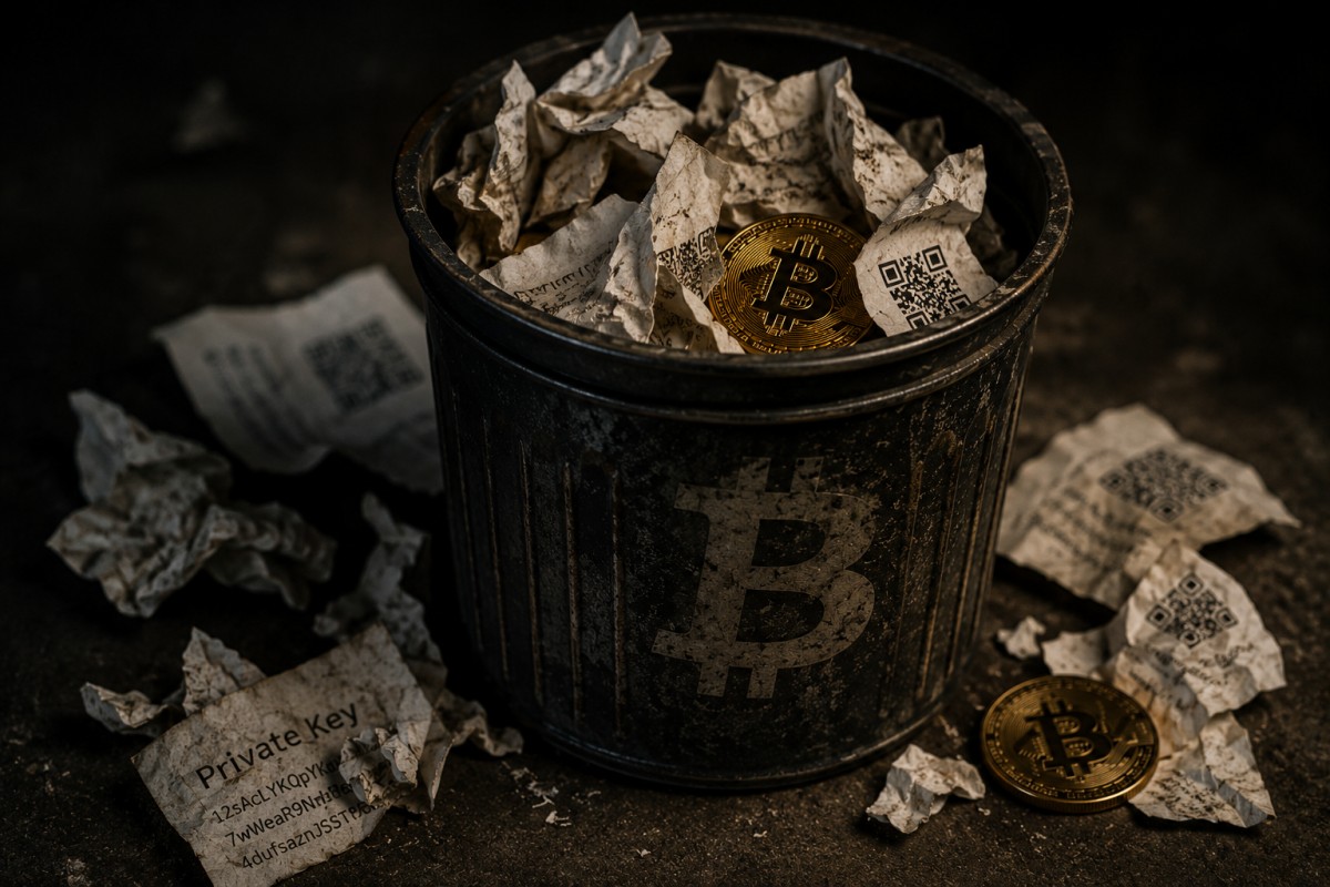 Lost Bitcoin concept with discarded private keys and physical Bitcoin coins