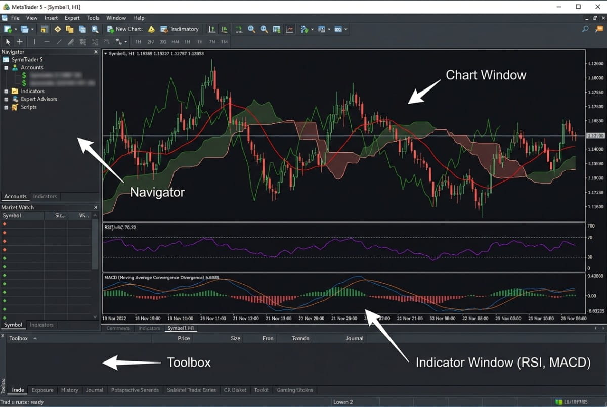 Diagrama que muestra cómo los indicadores de tendencia, osciladores MT5 e indicadores de volatilidad transforman datos de precios en lecturas claras y cuantificables