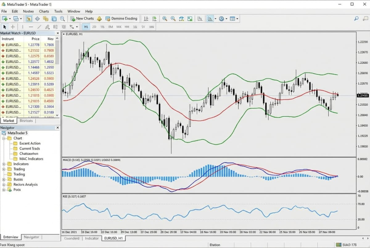 Gráfico de MetaTrader 5 con MACD MT5, RSI MT5 y Bandas de Bollinger aplicados simultáneamente