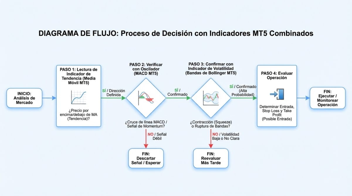 Proceso de decisión: lectura de indicador de tendencia (Media Móvil MT5) → verificar con oscilador (MACD MT5) → confirmar con indicador de volatilidad (Bandas de Bollinger MT5) → evaluar operación