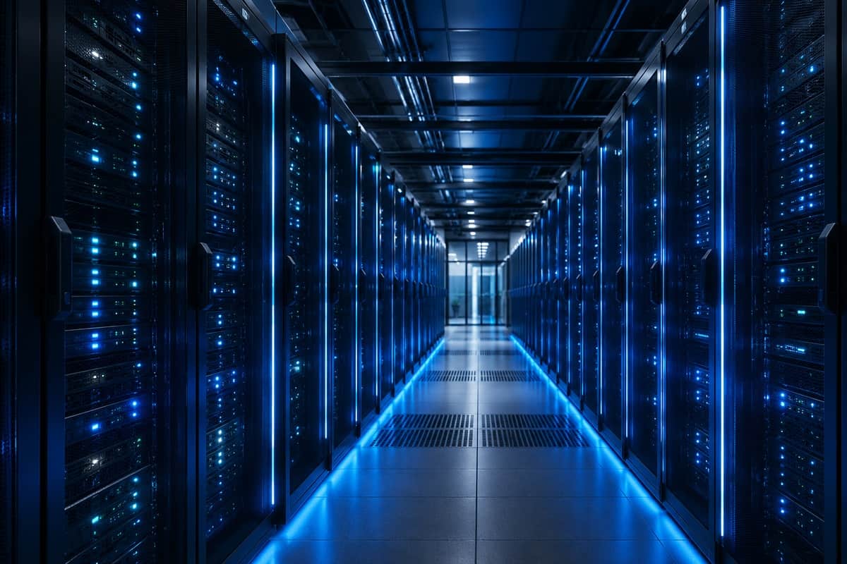 Centro de datos con servidores en la nube, referencia a AWS y la computación en la nube