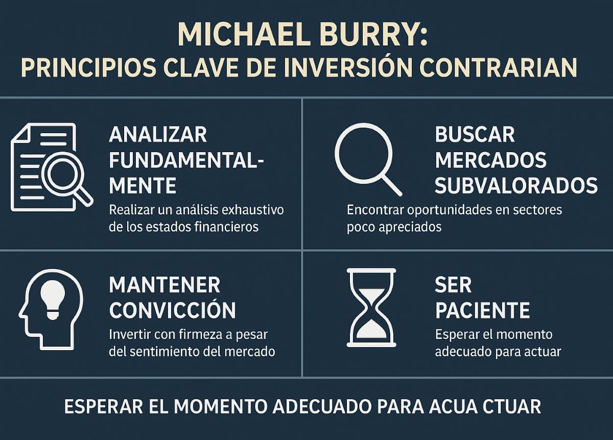 Infografía con principios clave de inversión contrarian de Michael Burry