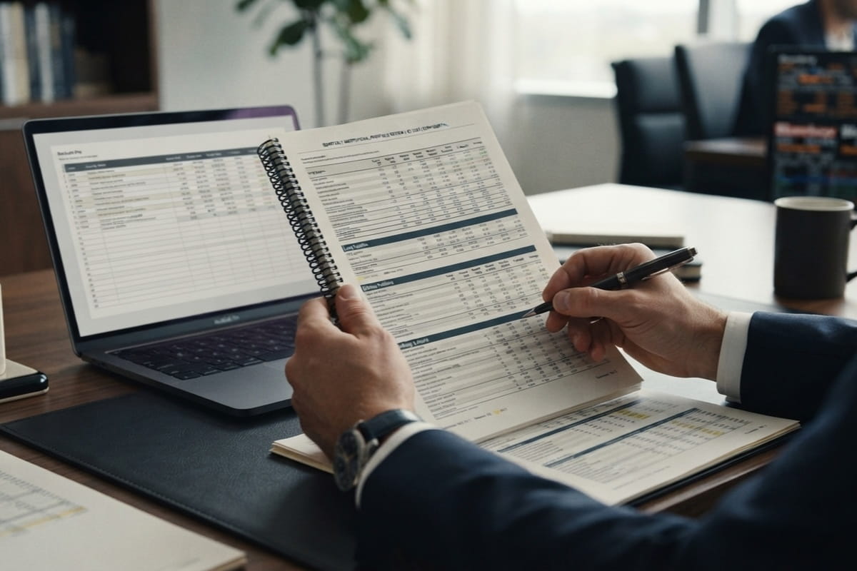 Close-up of hands reviewing a company balance sheet and annual report