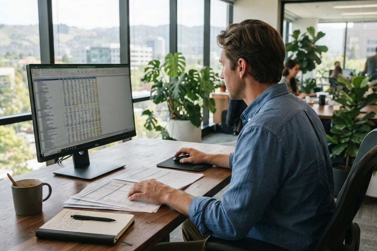 An analyst's desk with multiple screens showing financial data tables