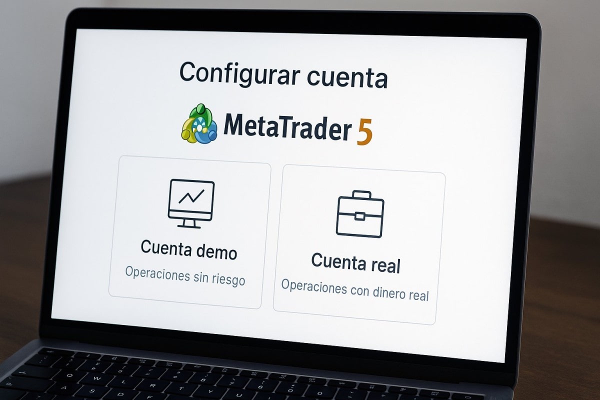  Pantalla de configuración de cuenta en MetaTrader 5 con opciones de cuenta demo y real