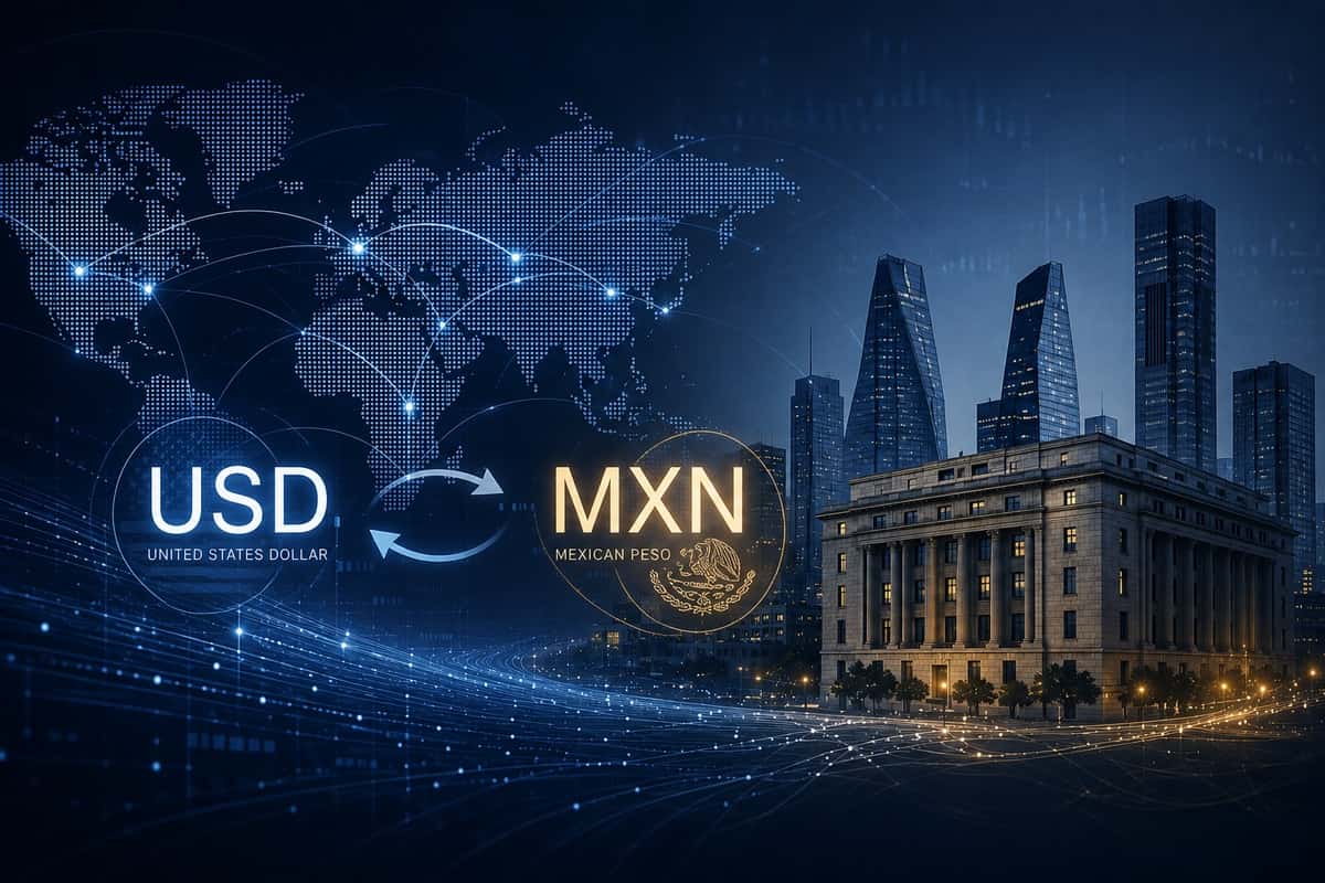 Representación conceptual del intercambio internacional entre el dólar estadounidense y el peso mexicano
