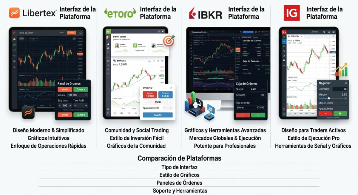 Comparativa visual de las interfaces de las principales plataformas de trading