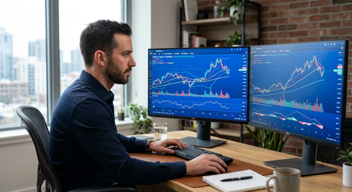 Trader analizando gráficos en una plataforma de trading con indicadores técnicos