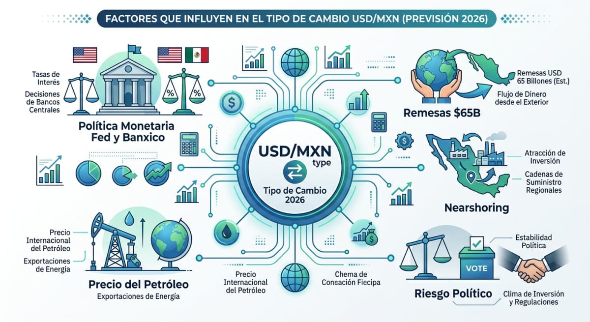 Infografía de los principales factores que influyen en el tipo de cambio dólar peso mexicano