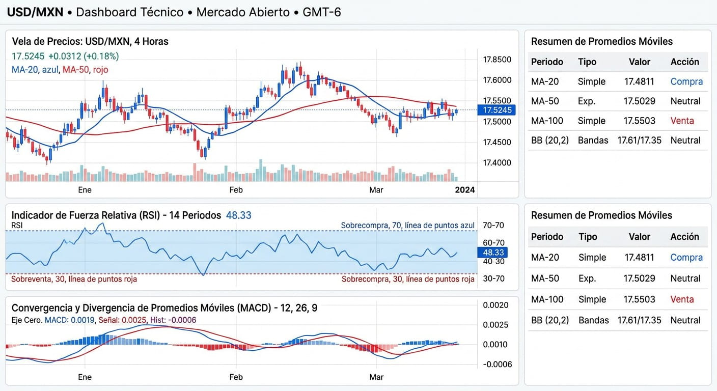 Indicadores técnicos RSI y MACD para el par USD/MXN