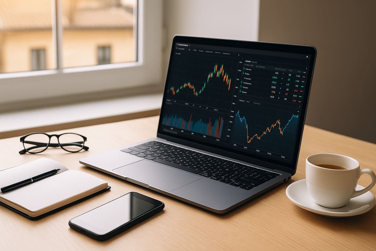 Workspace with out-of-focus financial charts