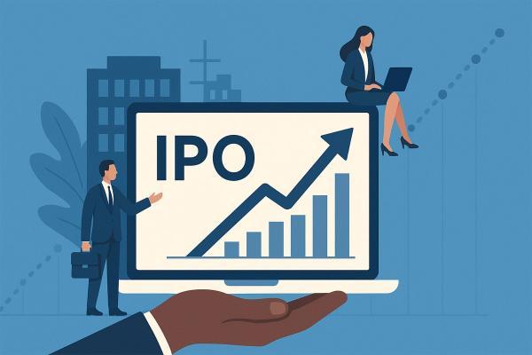 Concepto visual de una OPV mostrando el proceso de salida a bolsa de una empresa