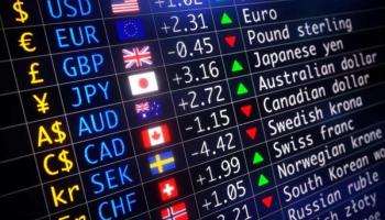 Valores del mercado de divisas proyectados en una pantalla. Conoce aquí si Forex es confiable.