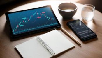 Libro, tablet y celular inteligente sobre una mesa con información de trading