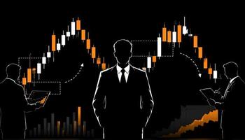 Ilustración del concepto Smart Money (SMC) en trading, con gráficos de velas japonesas en naranja sobre fondo negro y siluetas de traders analizando el mercado de Forex.