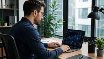Trader utilizando una laptop en una oficina moderna y luminosa.
